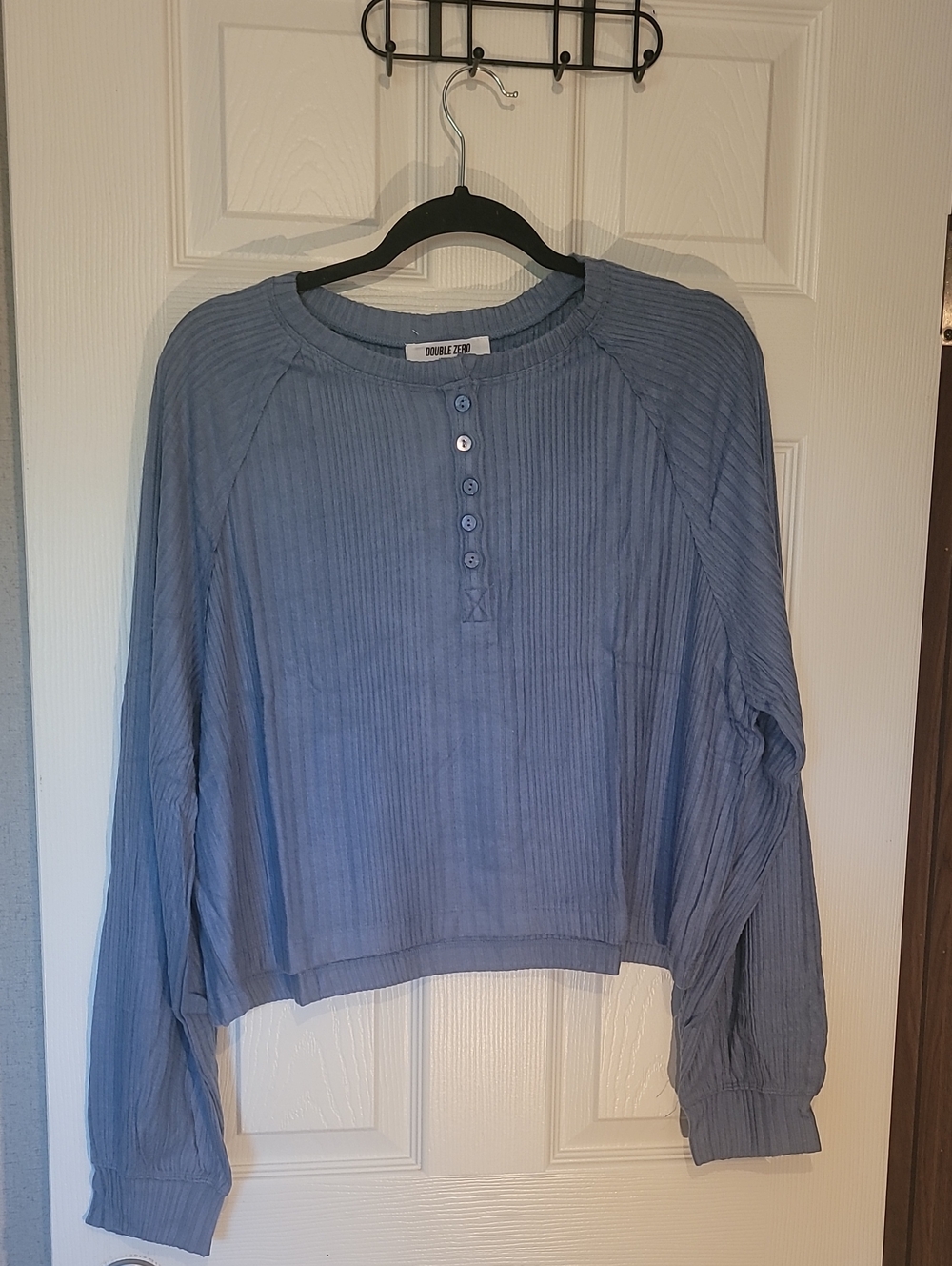 Double Zero Gray Blue Ribbed Henley Cropped